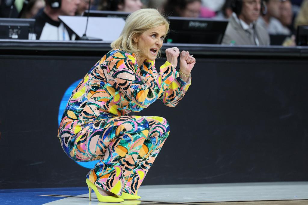 Head coach Kim Mulkey of the LSU Tigers reacts in a game against the UCLA Bruins during the first half in the Sweet 16 round of the NCAA Women's Basketball Tournament at MVP Arena on March 30, 2024 in Albany, New York. 