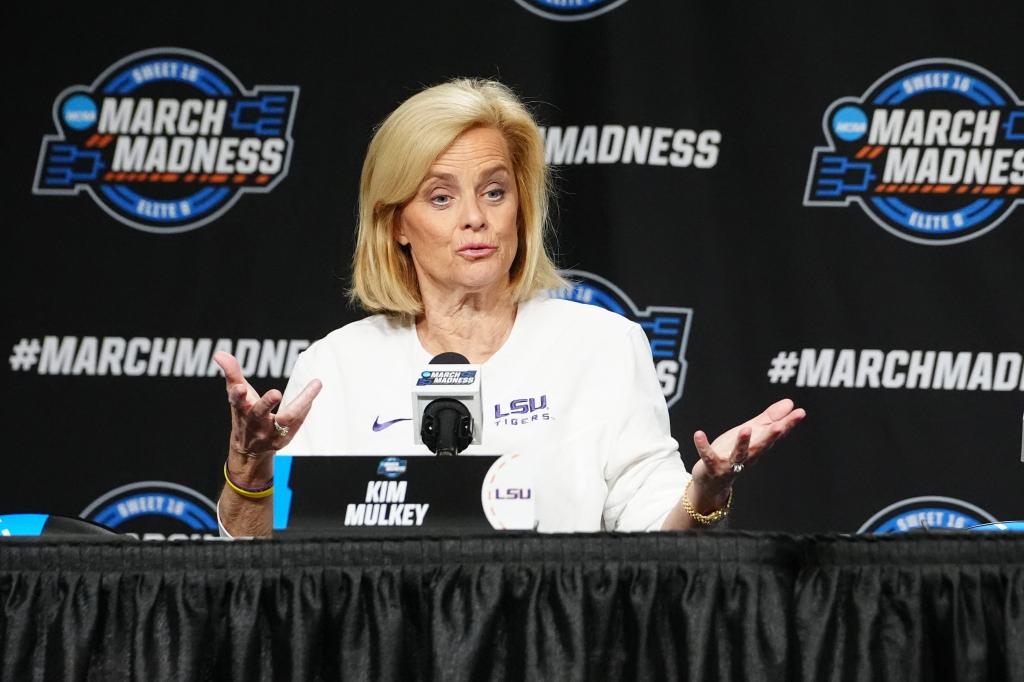 LSU Tigers head Ccoach Kim Mulkey answers questions during the press conference prior to their NCAA Tournament Sweet 16 game at MVP Arena. 