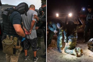 Immigration and Customs Enforcement agents apprehend an an illegal immigrant with criminal record, in an early morning raid at home on Thursday, Sept. 8, 2022 in Los Angeles, CA.