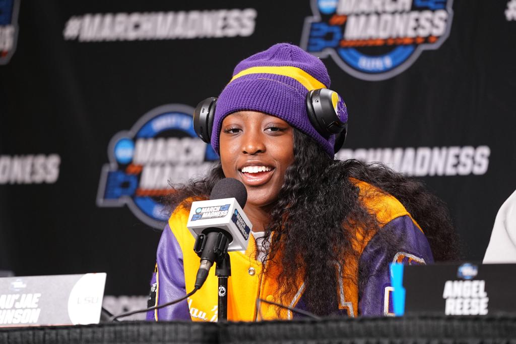 LSU Lady Tigers guard Flau'jae Johnson (4) takes questions from the media at MVP Arena, Sunday, March 31, 2024 in Albany, N.Y.