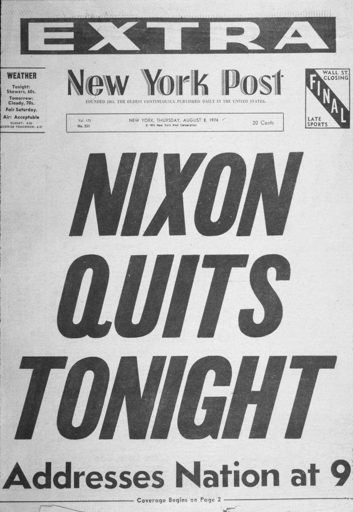 The cover of the New York Post on the day Nixon left office.