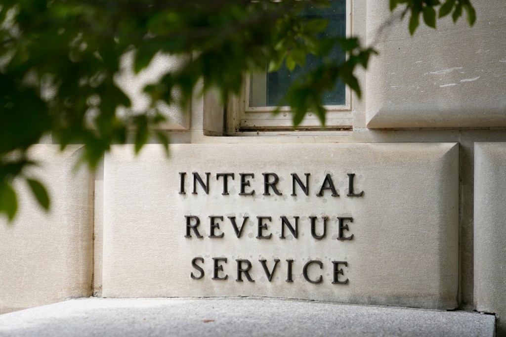 Sign outside the Internal Revenue Service building in Washington, dated May 4, 2021