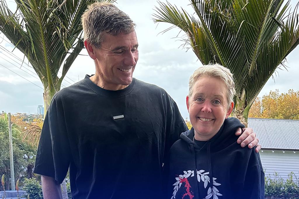 Tracy Hickman (R) with podcaster Dom Harvey weeks before ending her life on a beach in New Zealand.