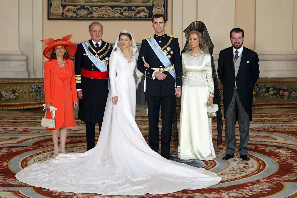 Queen Letizia and King Felipe on their wedding day in May 2004, seen with - from left - Leticia's mother, Paloma Rocasolano, King Juan Carlos of Spain, Queen Sofia of Spain and Letizia Ortiz' father Jesus.