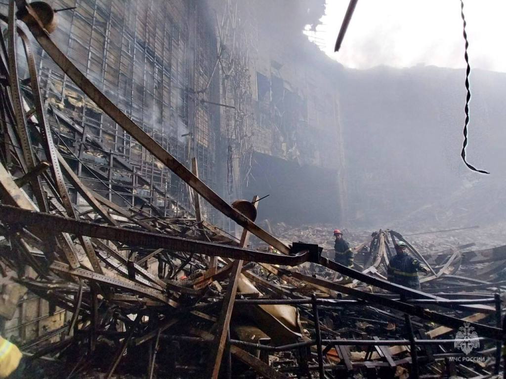 A view of the damage at Crocus City Hall concert venue as teams surveyed the damage of an attack at the concert hall on March 23, 2024.