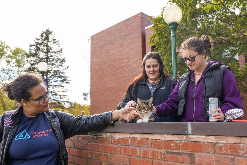 students pet Max the Cat in front of Leavenworth Hall at Vermont State University