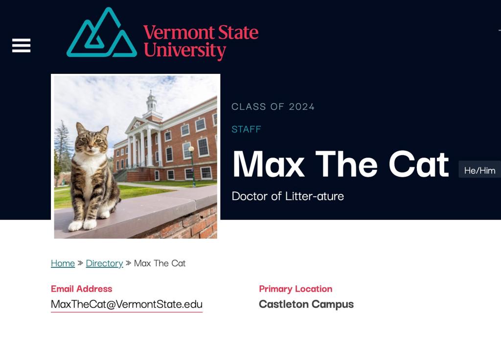 Dr. Max The Cat even has his own school email -- monitored by Dow and her daughter -- and directory page.