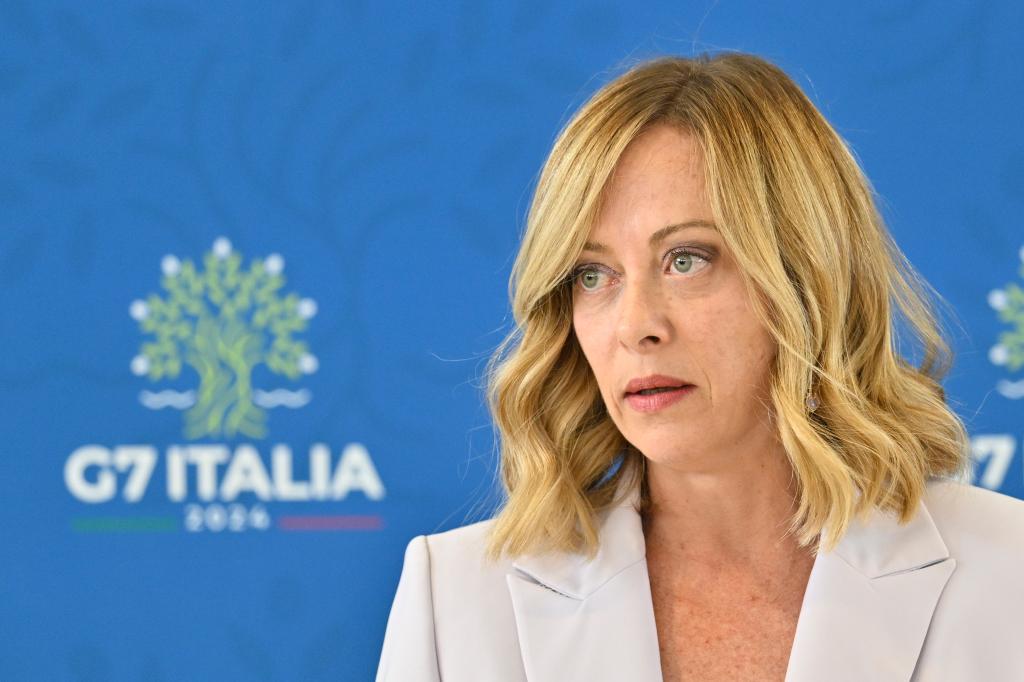 Italy's Prime Minister Giorgia Meloni speaks during a closing press conference on the final day of the 50th G7 summit at Borgo Egnazia on June 15, 2024 in Fasano, Italy