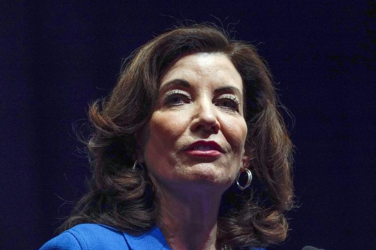 Gov. Kathy Hochul speaks during the New York State Democratic Convention in New York, Feb. 17, 2022.