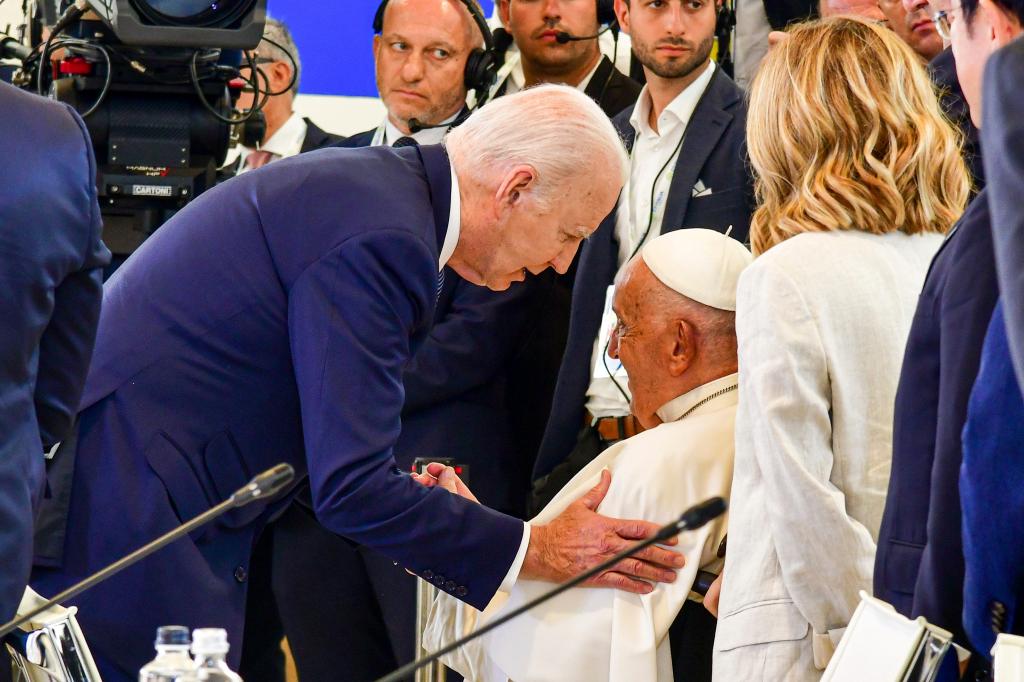 President Joe Biden, left, greets Pope Francis, during a special session of the G7 Summit at the Borgo Egnazia resort, June 14, 2024, in Savelletri di Fasano, Italy. Pope Francis became the first pope to address the annual gathering of the Group of Seven nations