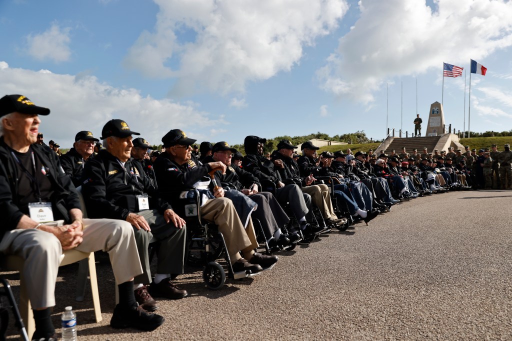 US war veteran attend a wreath-laying ceremony at Utah Beach, Wednesday, June 5, 2024 at Utah Beach, Normandy. 