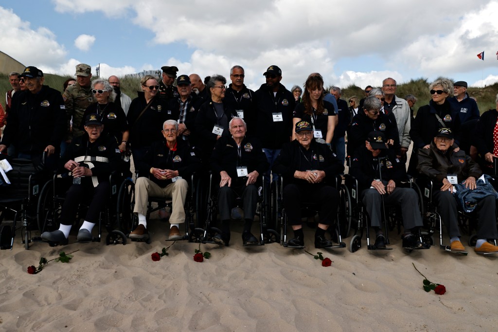 US war veterans attend a wreath-laying ceremony at Utah Beach, Wednesday, June 5, 2024 at Utah Beach, Normandy,.