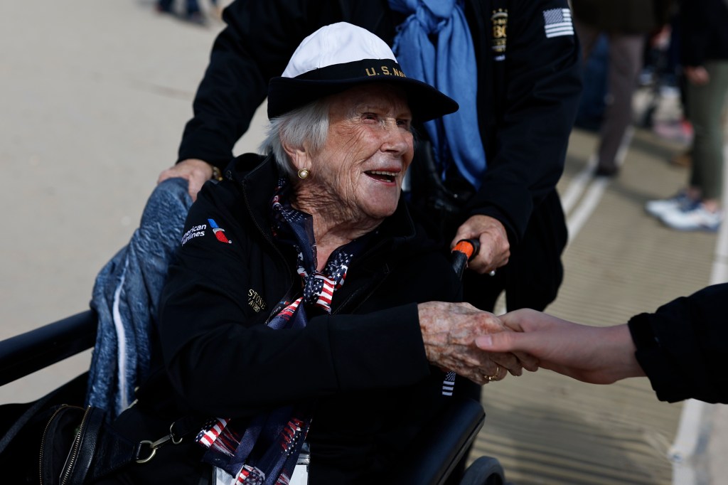 American WW II veteran Margie Stone attends a wreath-laying ceremony at Utah Beac