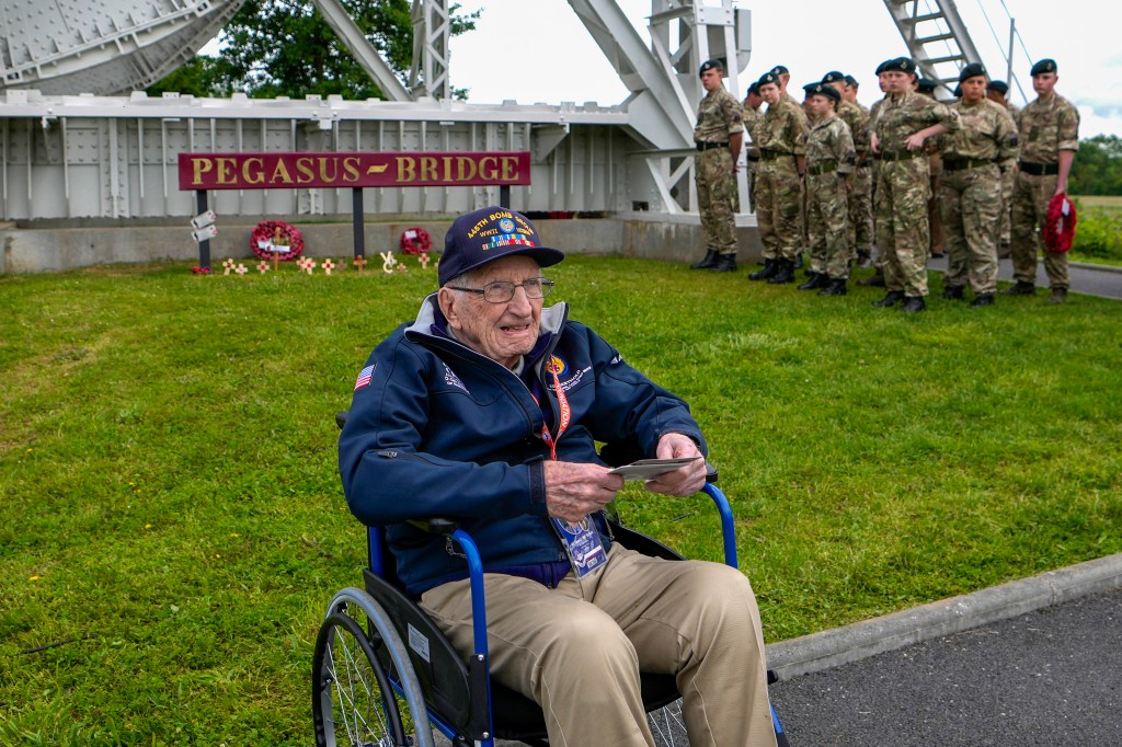 American WWII veteran Bud Berthold attends a service at the Pegasus Bridge memorial in Benouville, Normandy, France, 