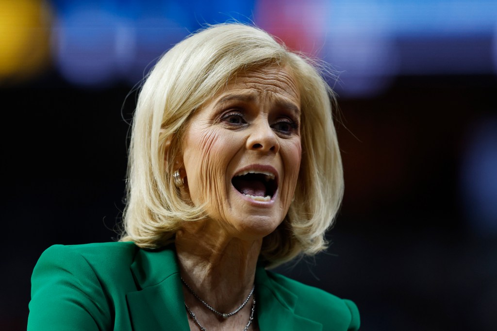 Head coach Kim Mulkey of the LSU Tigers reacts during the second half against the Iowa Hawkeyes in the Elite 8 round of the NCAA Women's Basketball Tournament at MVP Arena on April 01, 2024 in Albany, New York.