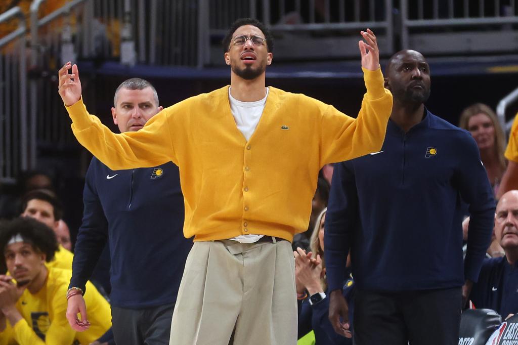 Tyrese Haliburton of the Indiana Pacers reacting from the bench during a game against the Boston Celtics