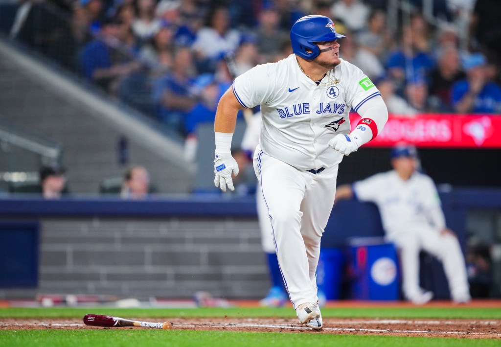 Daniel Vogelbach #20 of the Toronto Blue Jays hits a two RBI double against the Pittsburgh Pirates during the fifth inning in their MLB game at the Rogers Centre on June 2, 2024 in Toronto