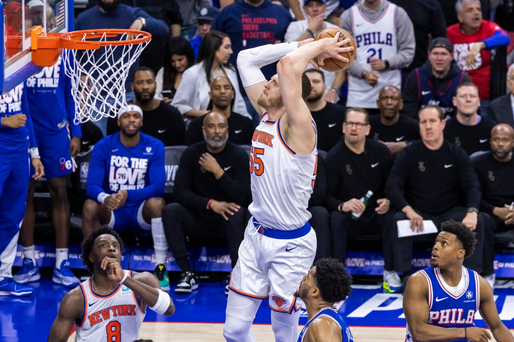  Knicks goes up to slam the ball during the second half of game 3 of the Eastern Conference first round at the Wells Fargo Center, Thursday, April 25, 2024.