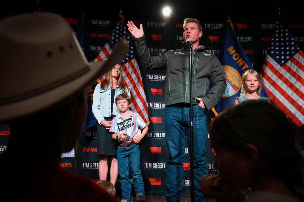 Republican candidate for US Senate Tim Sheehy addresses supporters at a primary election night party in Gallatin Gateway, Mont., on Tuesday, June 4, 2024.