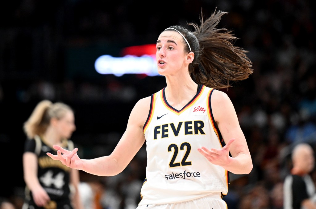 Caitlin Clark reacts to a call in the fourth quarter against the Washington Mystics at Capital One Arena on June 07, 2024 in Washington, DC.