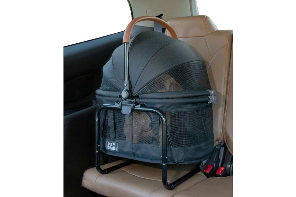 A pet carrier in the back of a car.