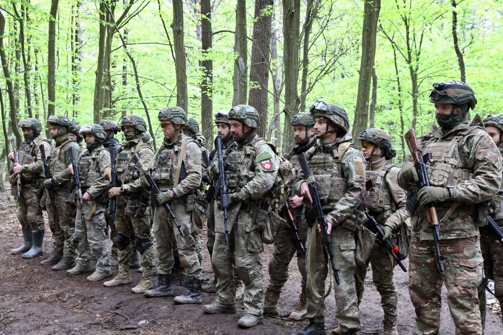 Ukrainian soldiers training in the Zhytomyr Region near the border with Belarus on April 23, 2024.
