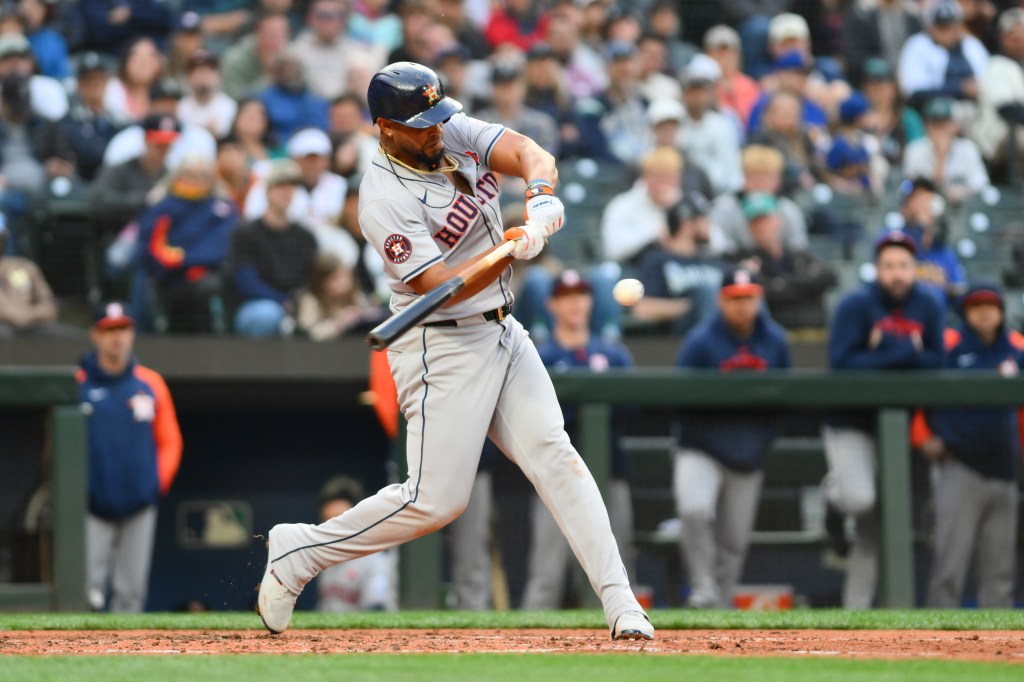 Jose Abreu (79) hits an RBI single against the Seattle Mariners during the fifth inning at T-Mobile Park. 