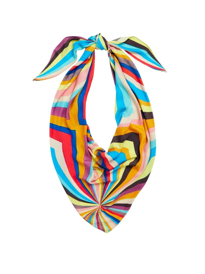 A colorful Alice + Olivia Pride printed headscarf with a bow