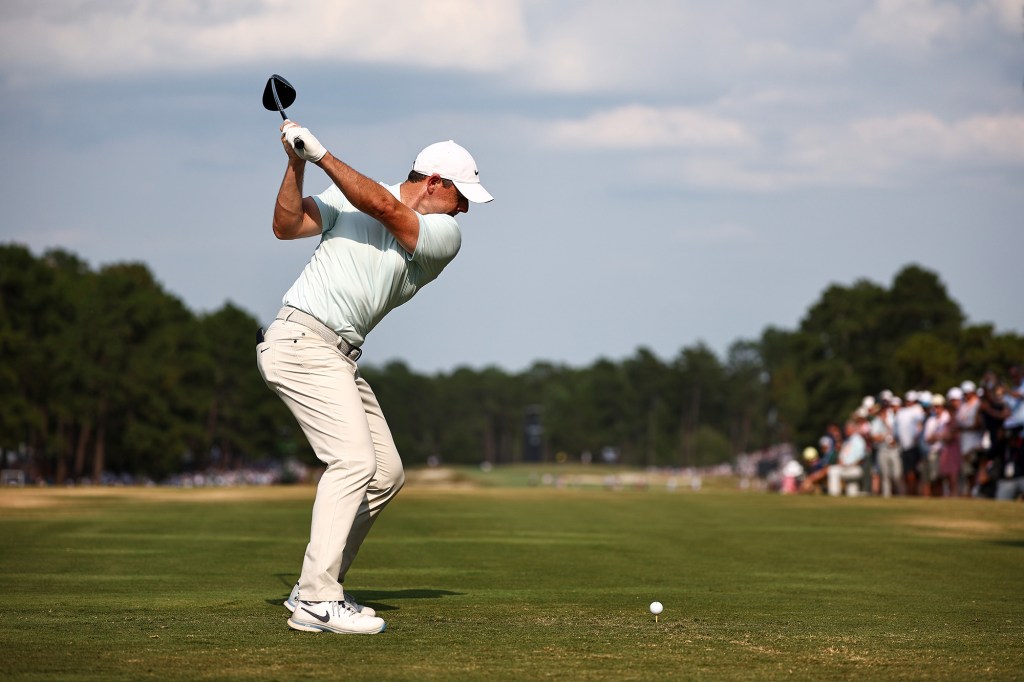 Rory McIlroy attempts a shot during the final round of the U.S. Open on Sunday.