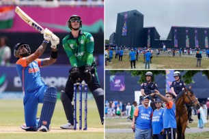 India and Ireland play in the ICC Men's T20 World Cup; the outside of the stadium; India fans take a selfie