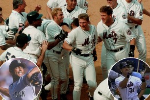Matt Franco and the Mets celebrate beating the Yankees on July 10, 1999; Mariano Rivera; Mike Piazza
