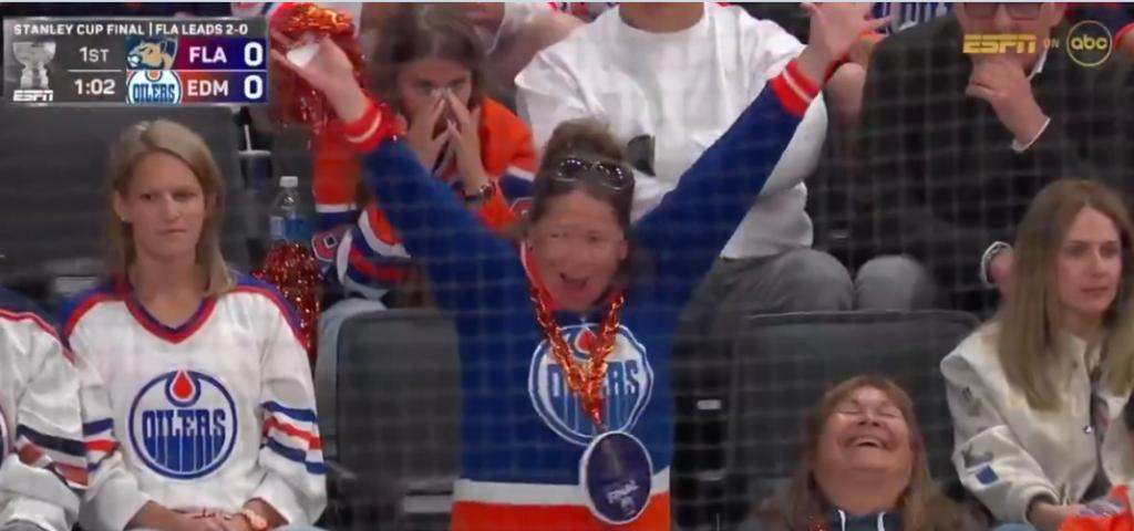 An Oilers fan went viral during Game 3 of the Stanley Cup Final after appearing to celebrate a Panthers goal.