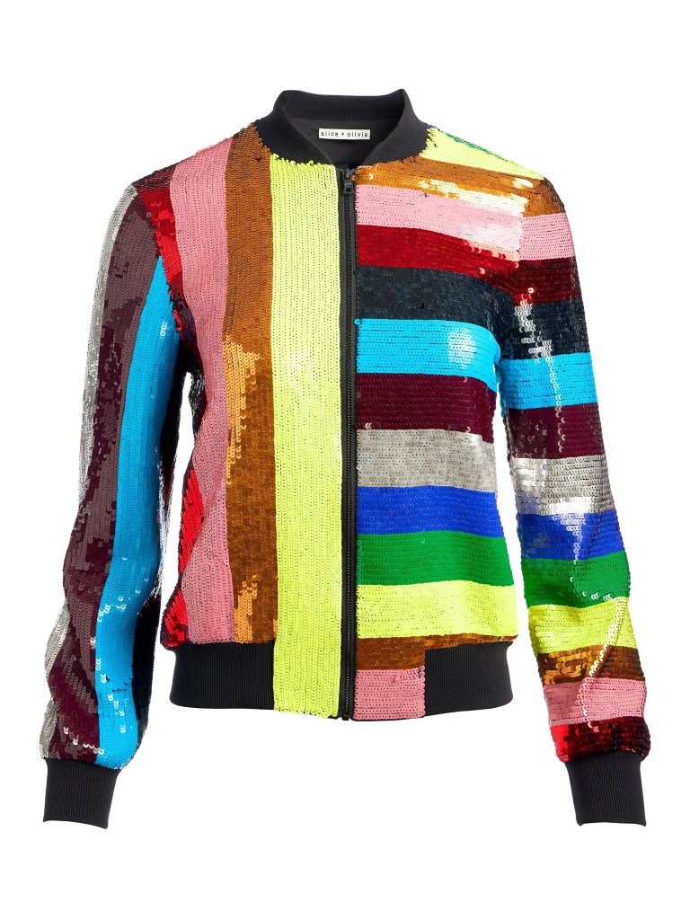 Colorful sequined varsity jacket available at Alice+Olivia Pride