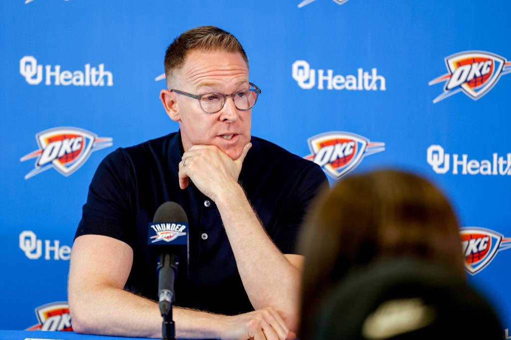 Sam Presti sitting in front of a microphone, speaking to the press in Oklahoma City on May 28, 2024.