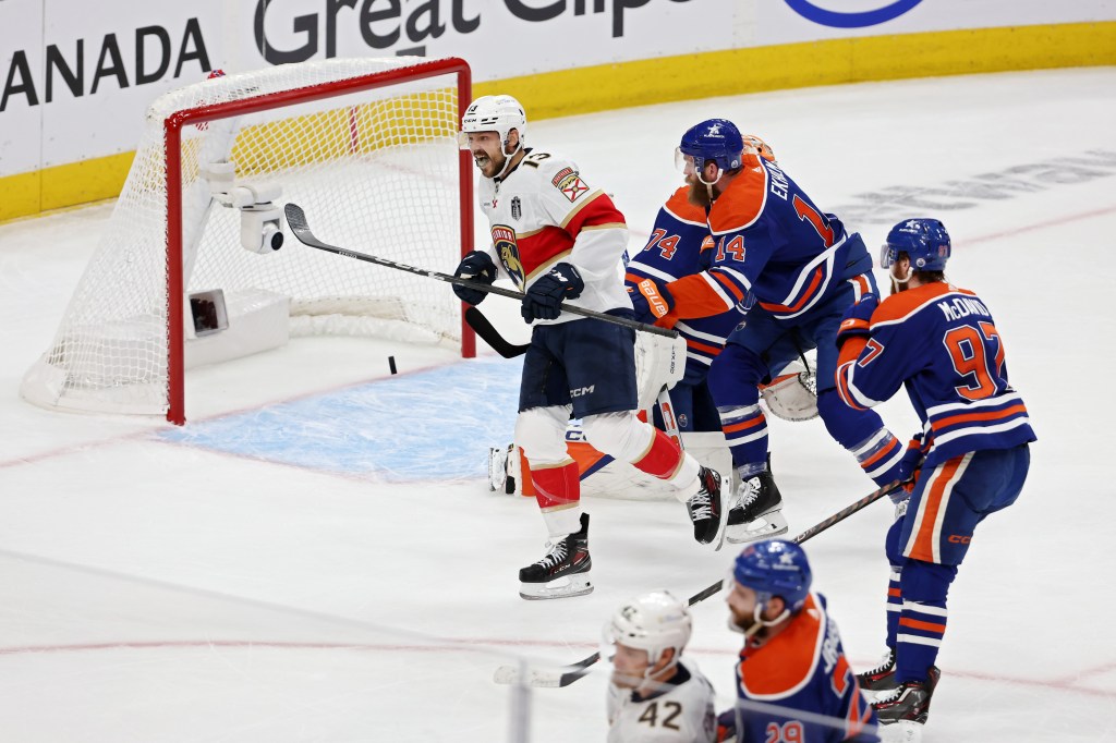 Sam Reinhart (13) of the Florida Panthers celebrates after his first period goal against the Edmonton Oilers on June 13, 2024.