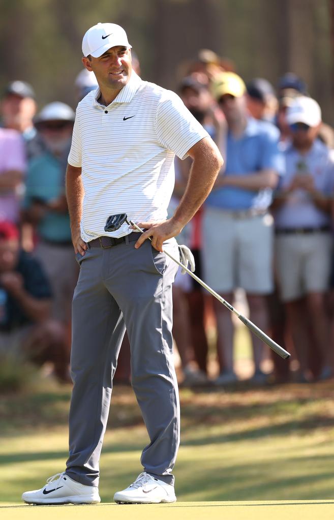 Scottie Scheffler of the United States standing on the 16th green during the second round of the U.S. Open at Pinehurst Resort