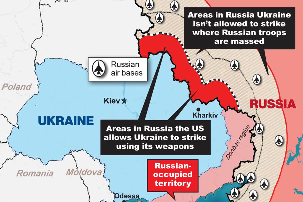 A map detailing the areas where Ukraine can strike with US weapons.