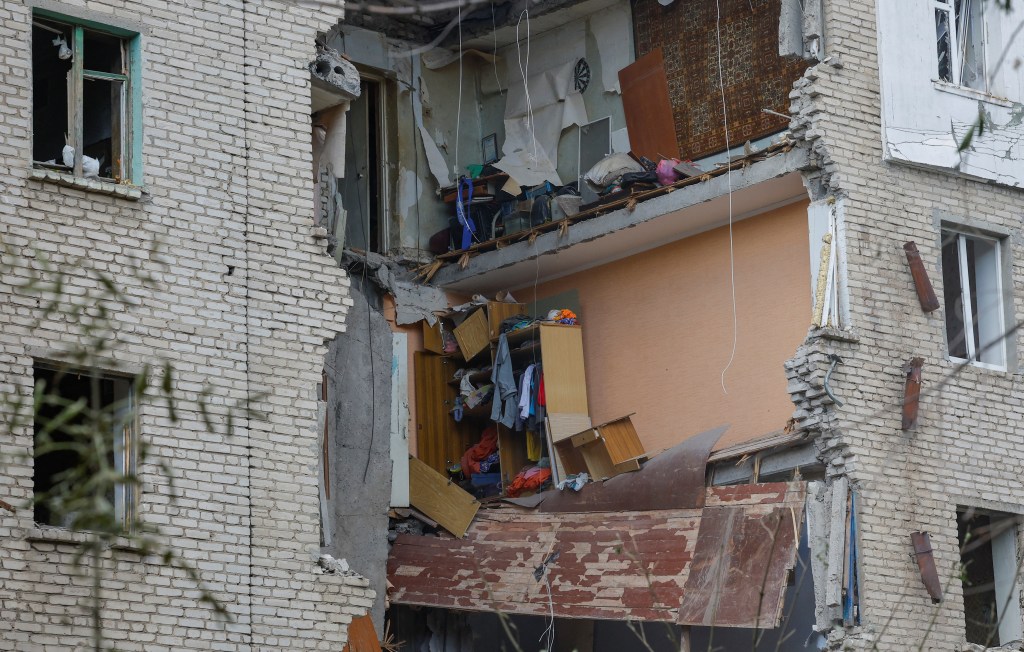 A residential building sustained damaged in recent shelling by U.S.-supplied missiles.