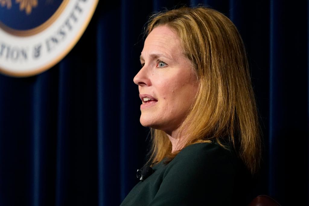 U.S. Supreme Court Associate Justice Amy Coney Barrett speaking at the Ronald Reagan Presidential Library Foundation in Simi Valley, California, April 4, 2022.