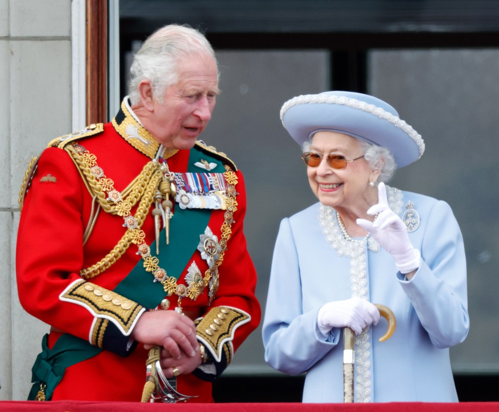 Prince Charles and Queen Elizabeth II on the balcony of Buckingham Palace during Trooping the Colour on June 2, 2022.