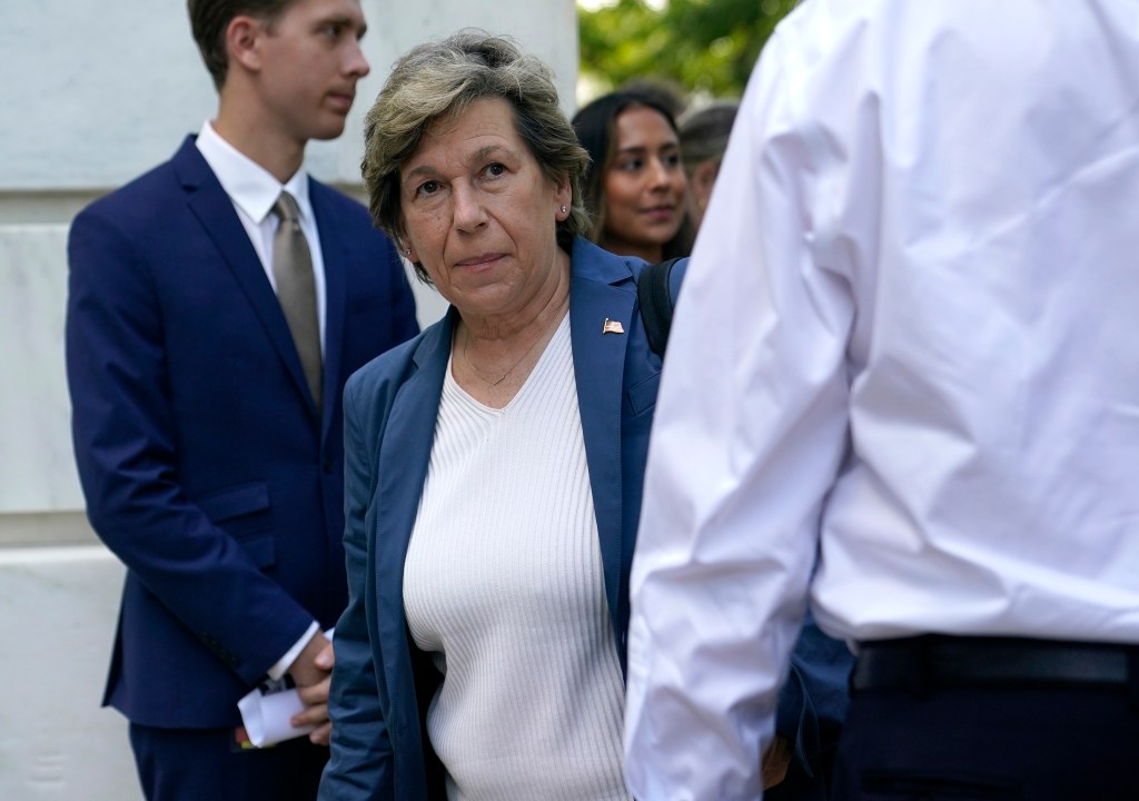 Randi Weingarten, President of the American Federation of Teachers, in a white shirt and blue jacket, arriving at the AI Insight Forum at the Russell Senate Office Building in Washington, DC.