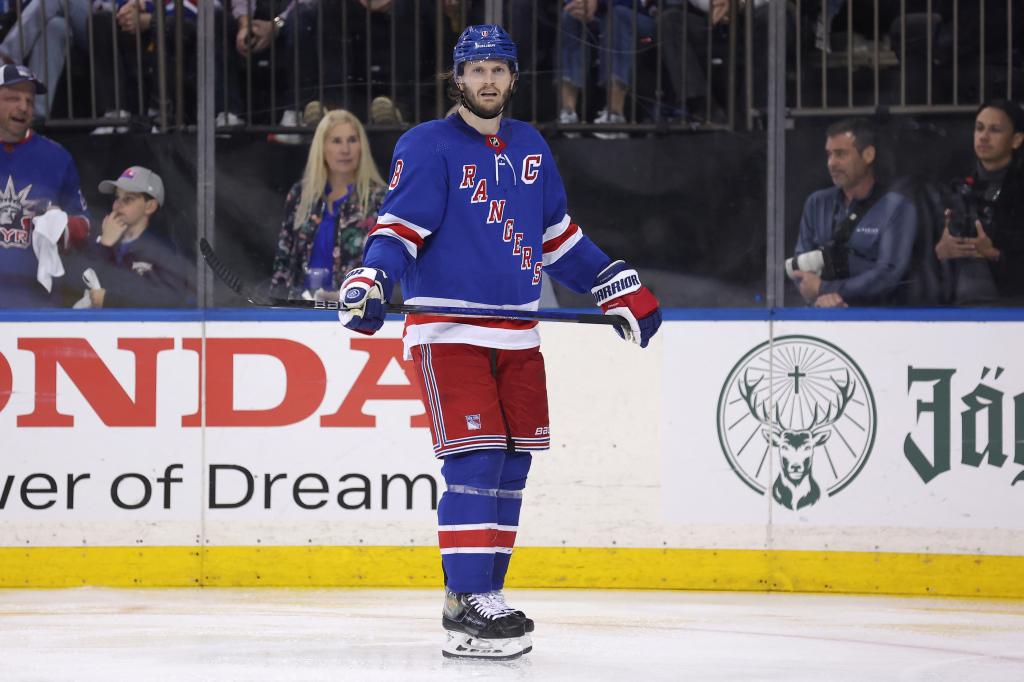 New York Rangers defenseman Jacob Trouba (8) reacts during the third period of game five of the second round of the 2024 Stanley Cup Playoffs against the Carolina Hurricanes at Madison Square Garden.