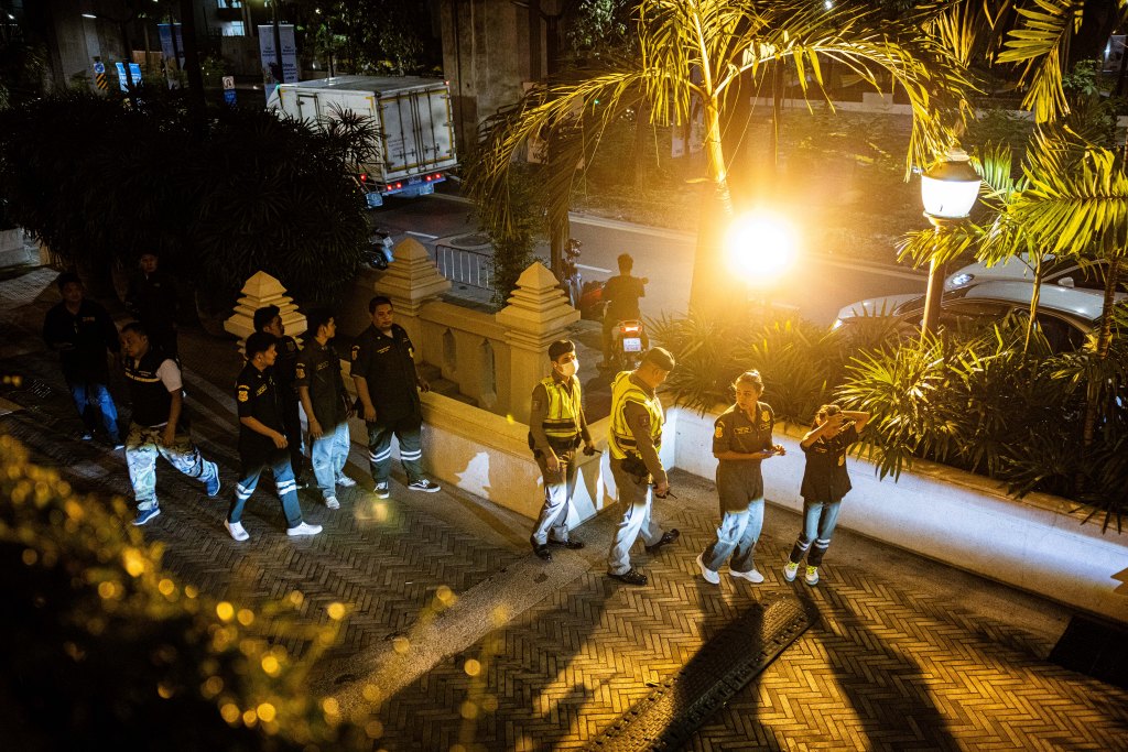 Rescue teams arrive to the Grand Hyatt Erawan where 6 people were confirmed dead after an incident in central Bangkok on July 16, 2024 in Bangkok, Thailand. Local news reports said that at least 6 people were dead after an incident inside a hotel in central Bangkok 