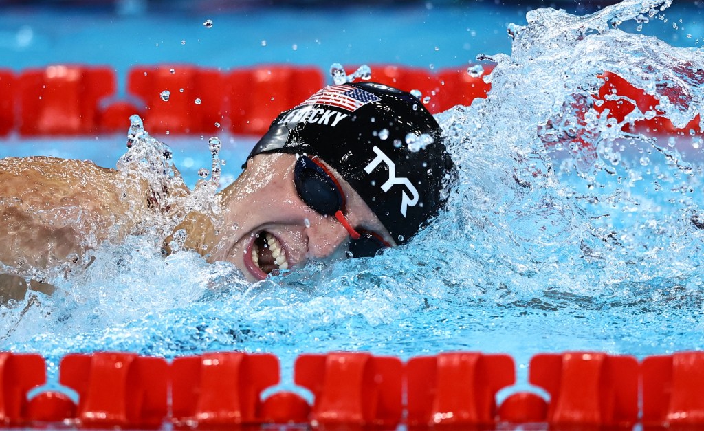 Katie Ledecky competing in the 1500m freestyle final at the Olympics on July 31, 2024.