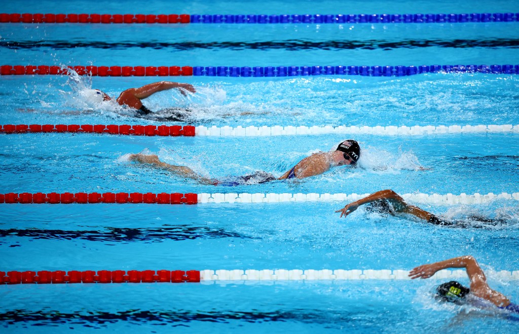 Katie Ledecky dominating the field in the 1500m freestyle final at the Olympics on July 31, 2024.