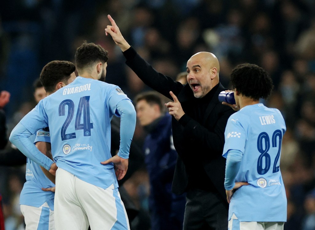 Josko Gvardiol (No. 24) listends to instructions from Pep Guardiola during a Manchester City-FC Copenhagen match on March 6, 2024. 