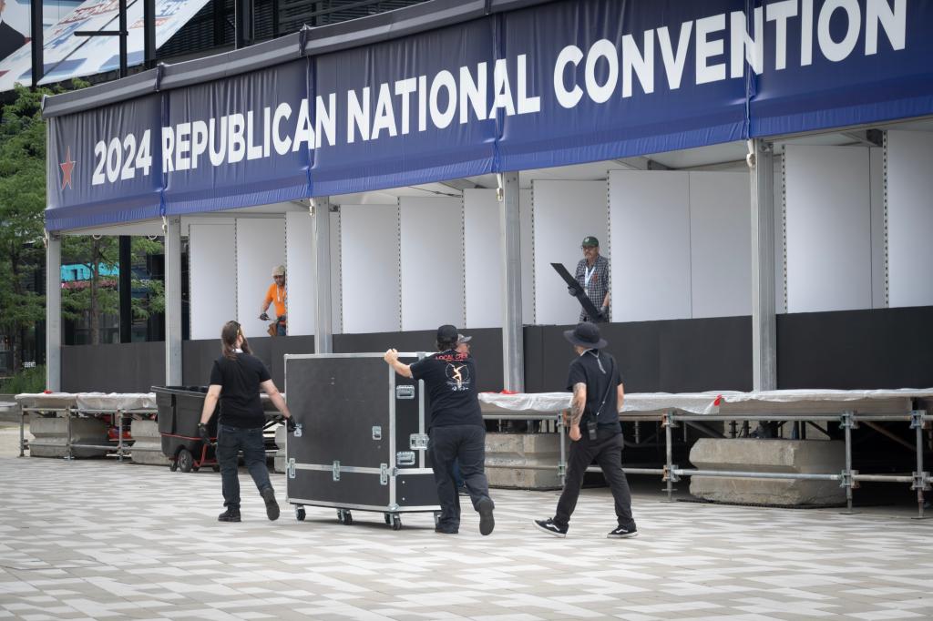 Workers continue preparations at the Fiserv Forum for the Republican National Convention (RNC) on July 11, 2024 in Milwaukee, Wisconsin.