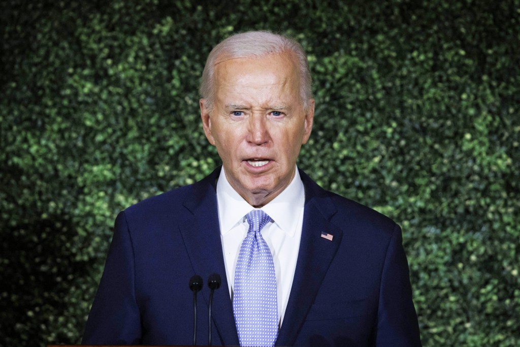 US President Joe Biden speaking at a dinner with NATO allies in the East Room of the White House, Washington, DC, on July 10, 2024.