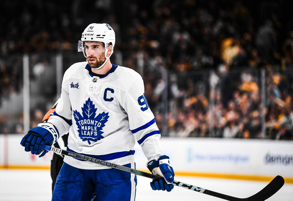 John Tavares #91 of the Toronto Maple Leafs skates during the first period against the Boston Bruins in Game Seven of the First Round of the 2024 Stanley Cup Playoffs at TD Garden on May 04, 2024 in Boston, Massachusetts. 