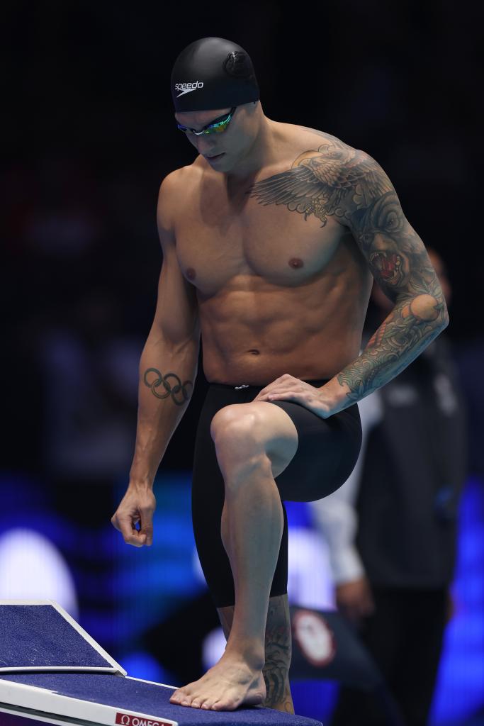 Caeleb Dressel competing in the Men's 100m butterfly final at the 2024 U.S. Olympic Team Swimming Trials in Indianapolis, Indiana